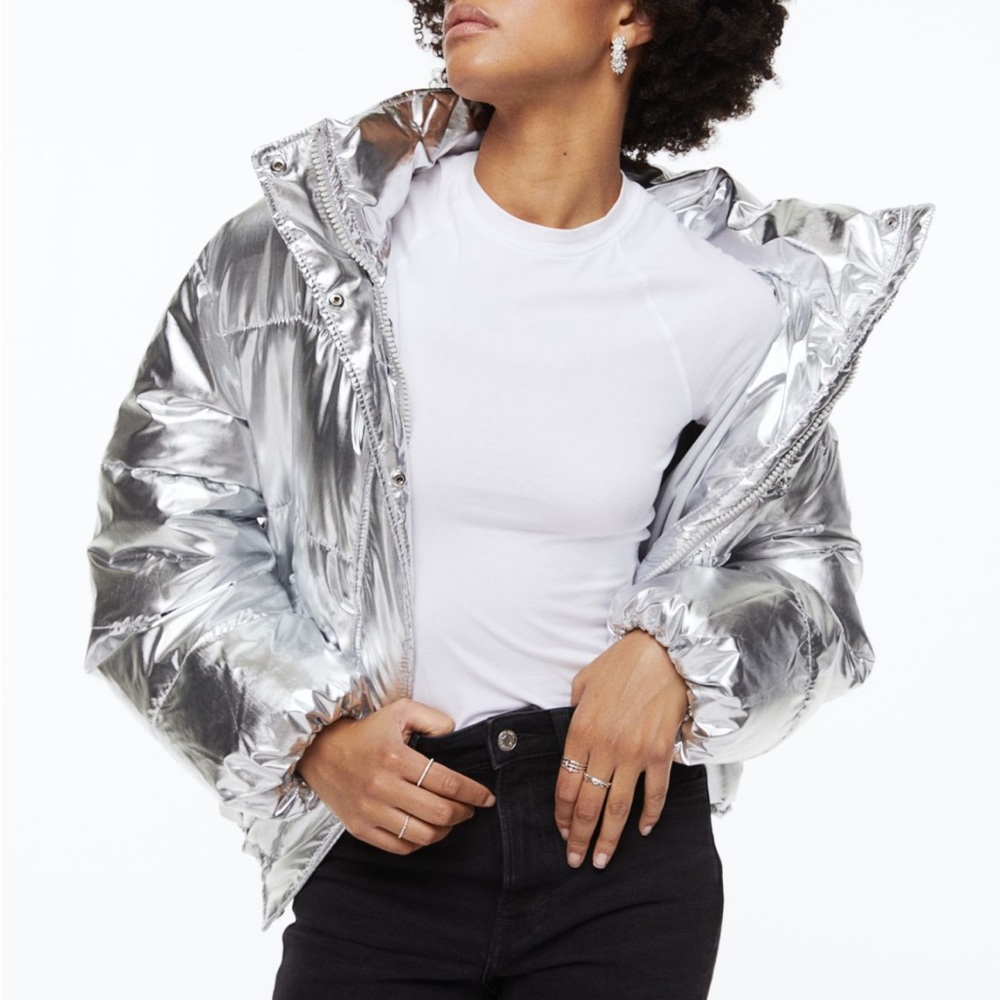 H&M Silver Metallic Hooded Puffer Jacket